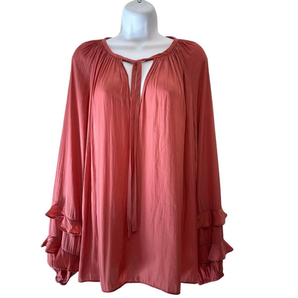 Ramy Brook New York Silky Muted Coral Blouse with Ruffle Sleeves L VGUC* Read